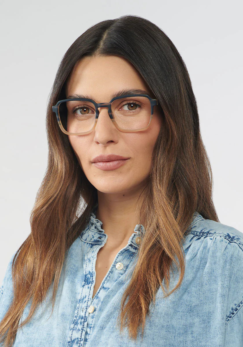 RUFFIN | Matte Comet + Twilight Handcrafted, Navy and Yellow Split Acetate KREWE Eyeglasses womens model | Model: Olga