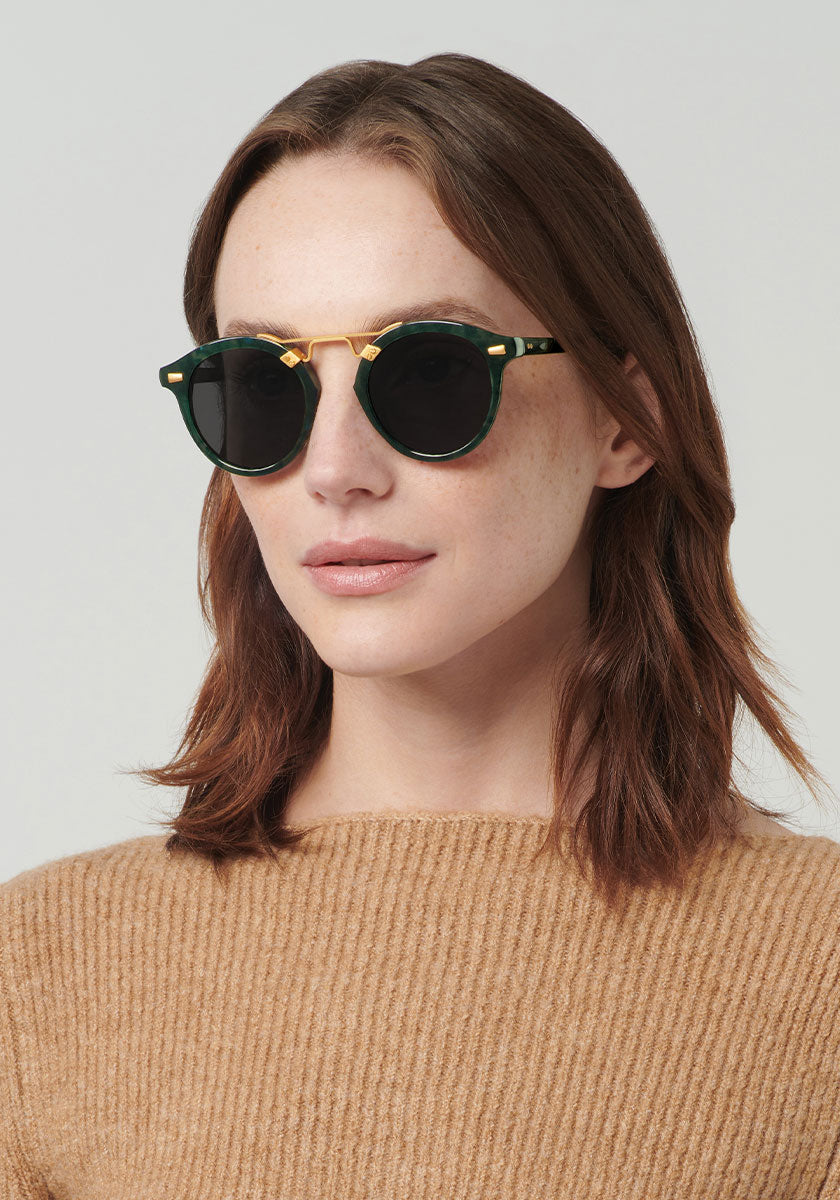 STL II | Grey Ivy 24K Polarized Handcrafted, luxury green tortoise acetate KREWE sunglasses womens model | Model: Vanessa