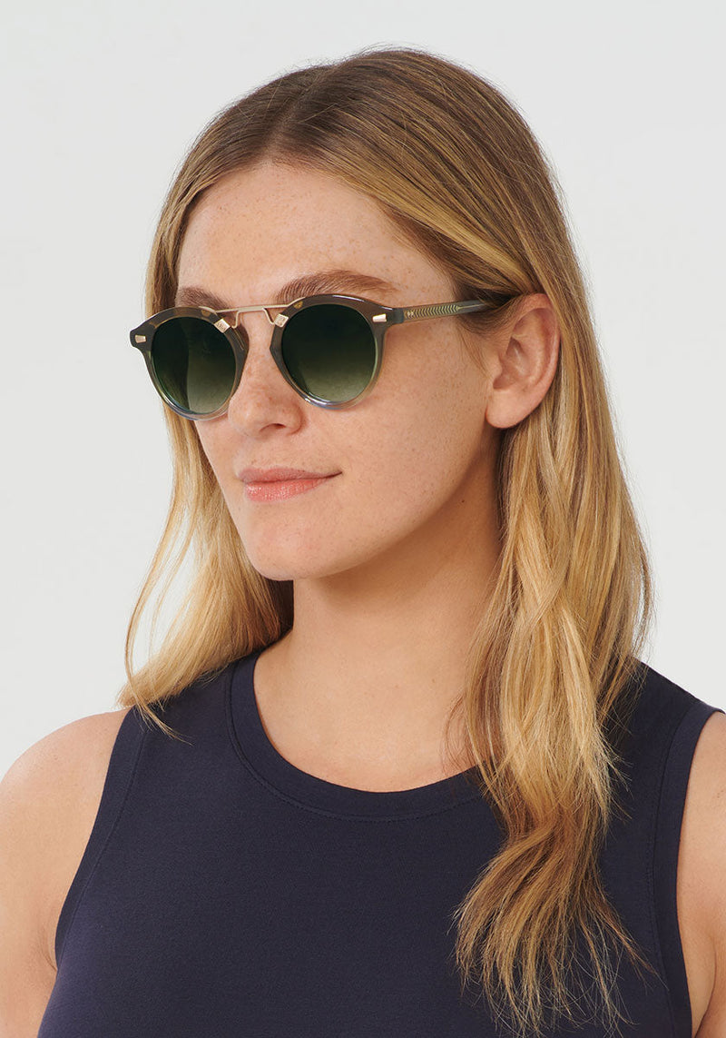 STL II | Matcha 12K Handcrafted, luxury green and blue gradient acetate KREWE sunglasses womens model | Model: Brooke