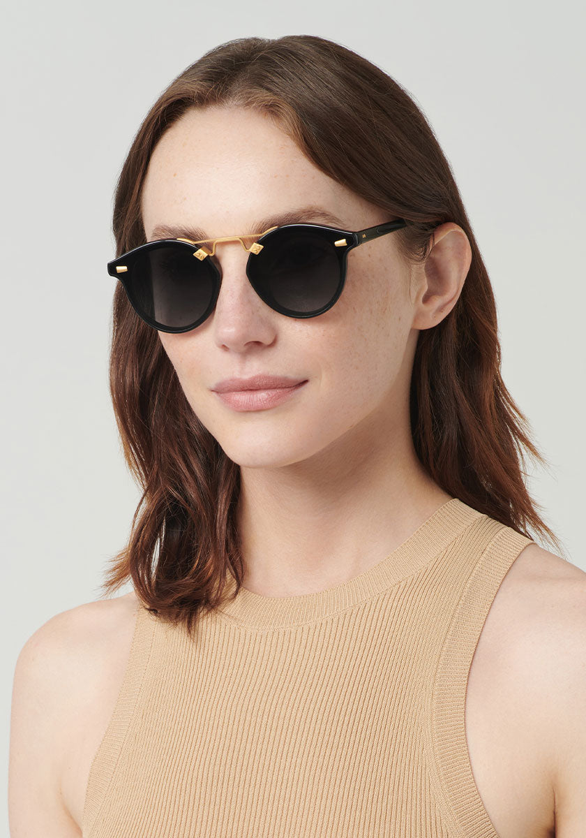 STL NYLON | Black + Shadow 24K Polarized Handcrafted, luxury black acetate KREWE sunglasses womens model | Model: Vanessa