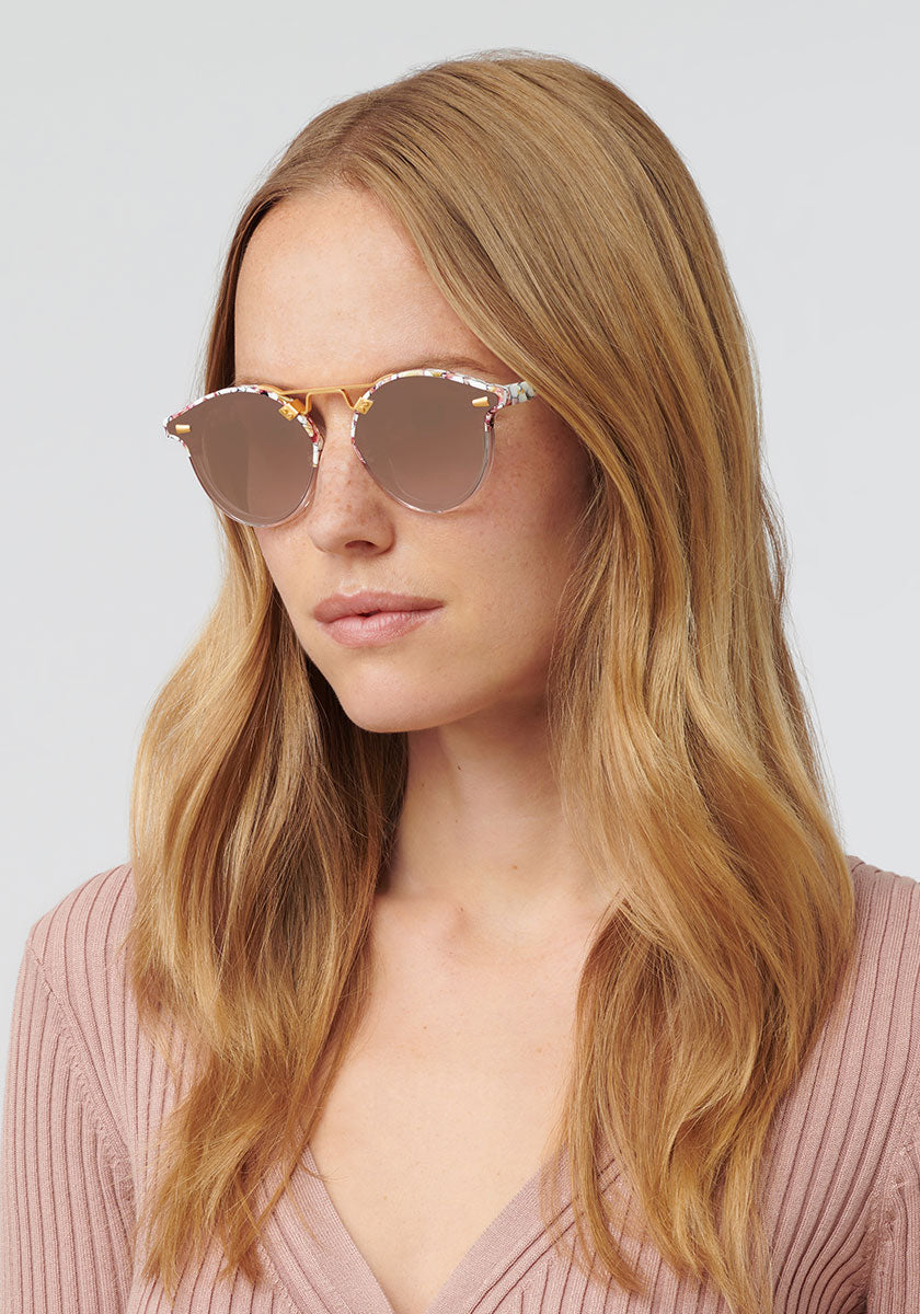 KREWE STL NYLON | Lotus to Crystal 24K Mirrored Handcrafted, Pink Acetate Luxury Sunglasses womens model | Model: Annelot