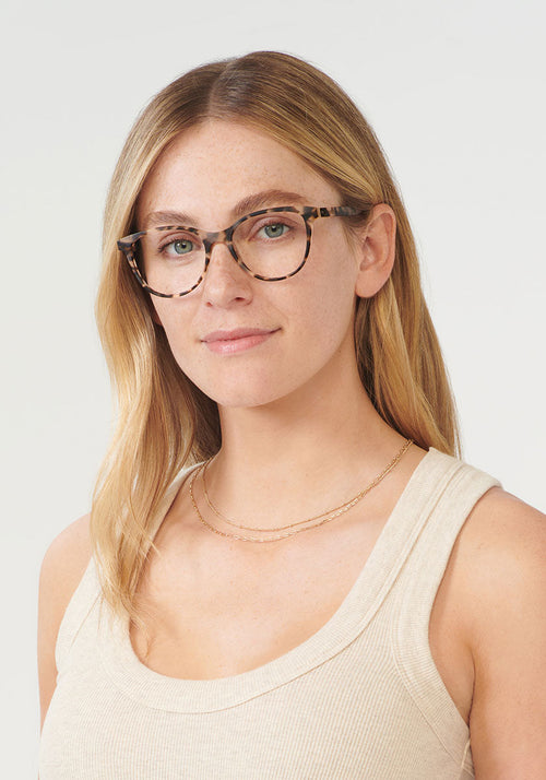 KREWE - SIERRA | Matte Sunday Tortoise Handcrafted, luxury tortoise acetate eyeglasses womens model | Model: Brooke
