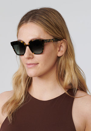 SONIAT | Bengal Handcrafted, Luxury Brown Tortoise Acetate KREWE Sunglasses womens model | Model: Brooke