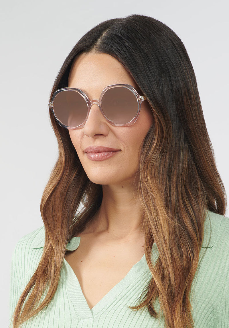 KREWE SOPHIA | Crystal Mirrored Handcrafted, Clear Acetate Designer Sunglasses womens model | Model: Olga