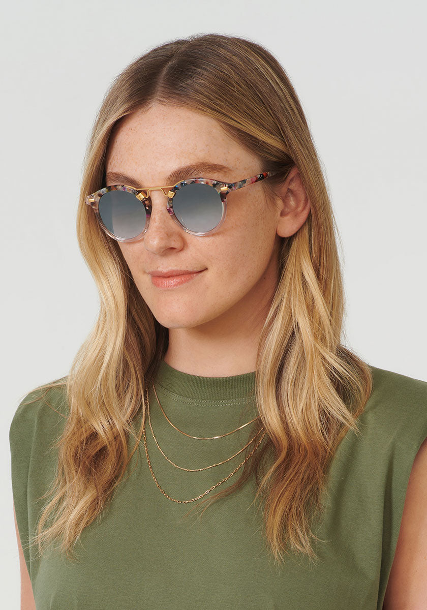 ST. LOUIS MIRRORED| Capri to Crystal 24K Handcrafted, luxury colorful acetate KREWE sunglasses womens model | Model: Brooke