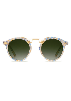KREWE - Designer Round Sunglasses - ST. LOUIS CLASSICS | Pincheck 18K Handcrafted, luxury blue and white checkered acetate round sunglasses with a double metal bridge. A bestseller. Oliver Peoples Sunglasses, Moscot sunglasses
