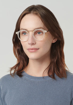 ST. LOUIS OPTICAL | Matte Crystal + Sunday Tortoise 12K Handcrafted, luxury white acetate KREWE glasses womens model | Model: Vanessa