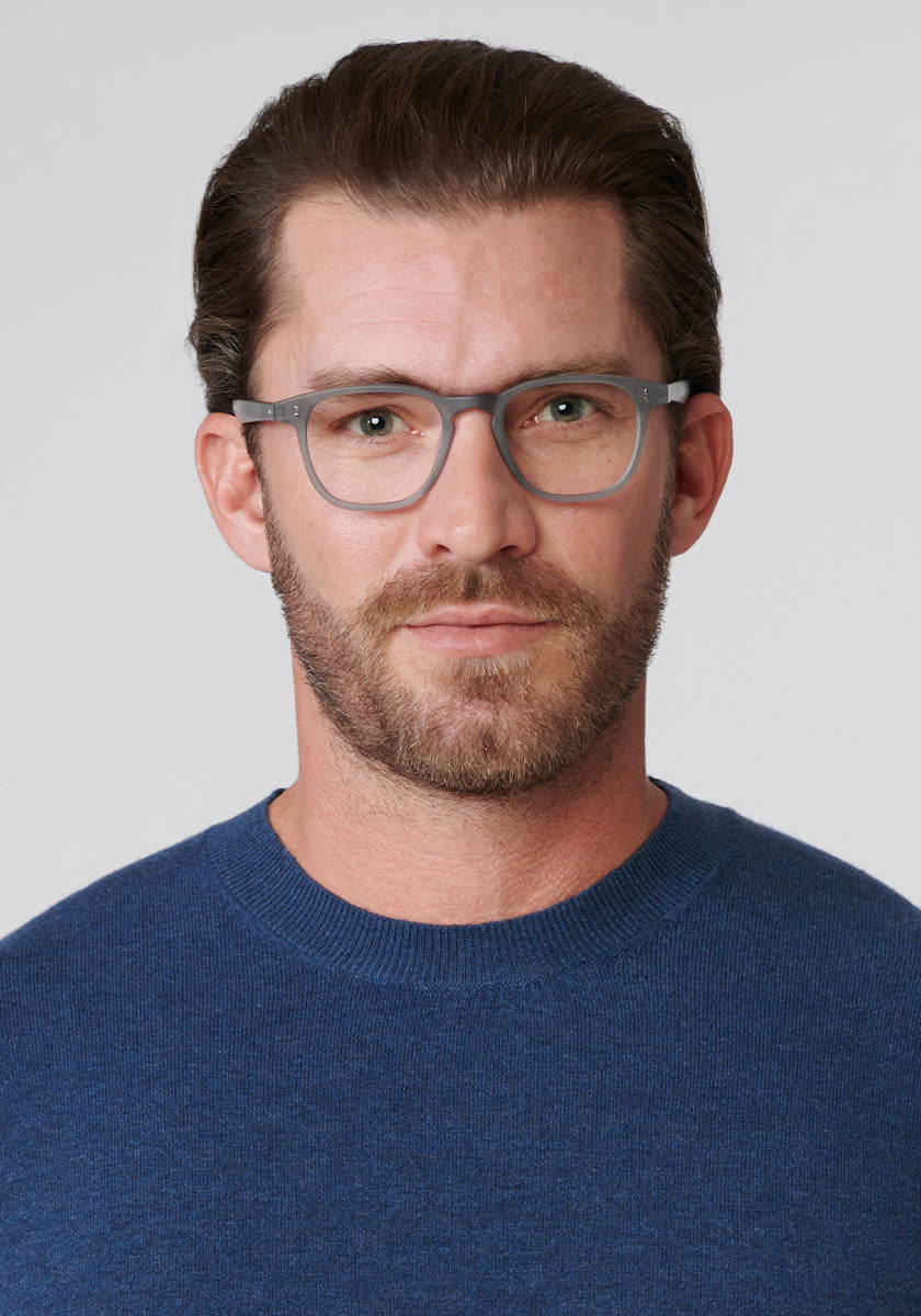 KREWE - STATE | Matte Ash Handcrafted, Luxury Grey Acetate Eyeglasses mens model | Model: Zach