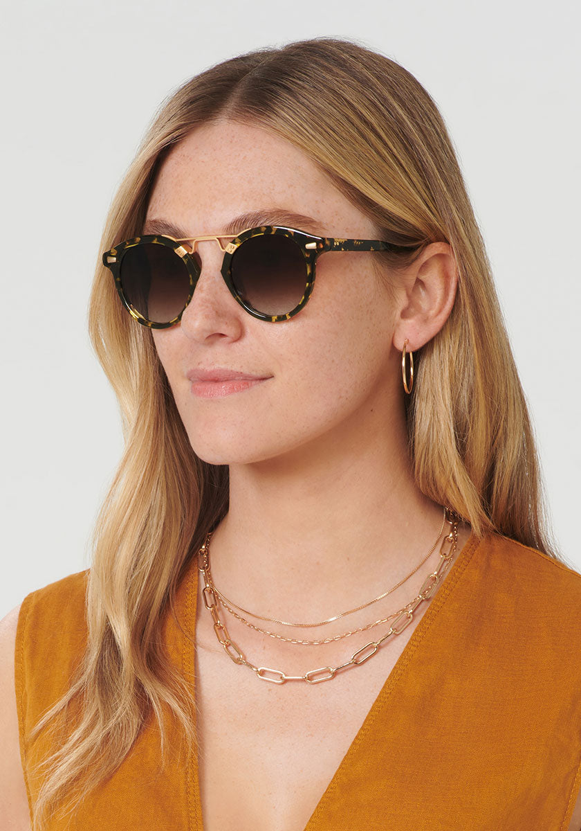 STL II | Zulu 24K - round Sunglasses handcrafted from Luxury tortoise acetate featuring 24K gold hardware womens model | Model: Brooke
