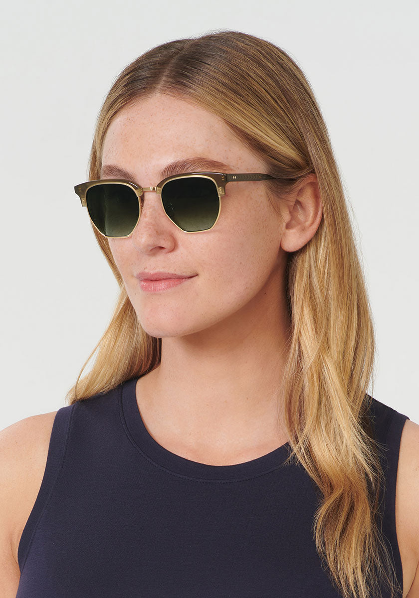 THALIA | Moss 12K Handcrafted, luxury moss acetate KREWE sunglasses womens model | Model: Brooke