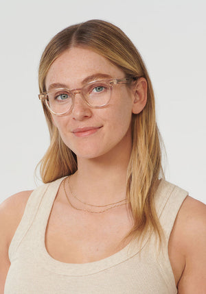 KREWE - TUCKER | Buff Handcrafted, Luxury Pink Acetate Eyeglasses womens model | Model: Brooke
