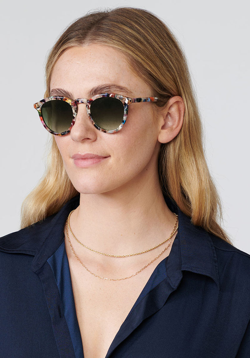 COLLINS | Capri Handcrafted, luxury colorful acetate KREWE round sunglasses womens model | Model: Brooke