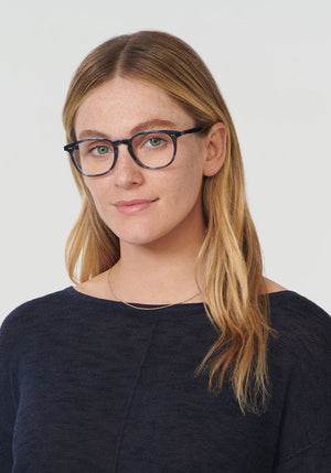 KREWE - WREN | Denim Handcrafted, luxury blue acetate eyeglasses womens model | Model: Brooke